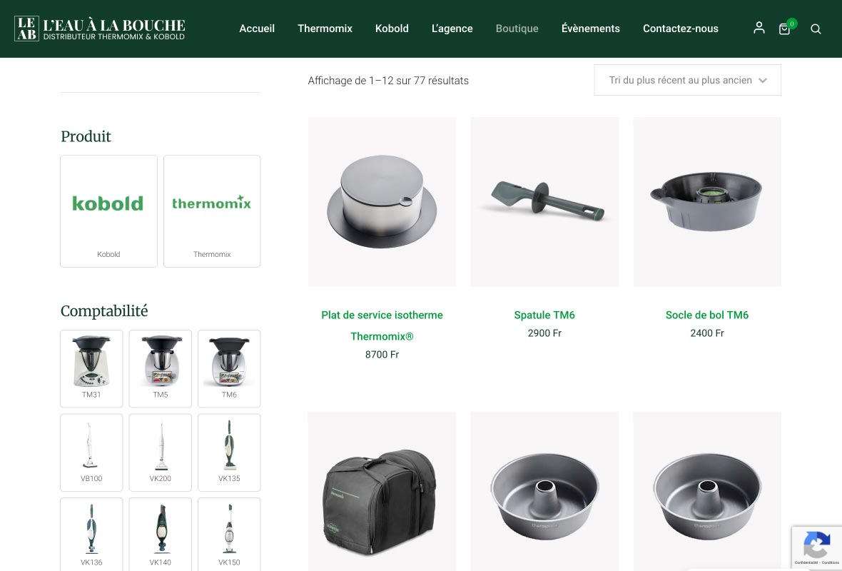 Page boutique en ligne du site vitrine thermomix et kobold en Nouvelle-Calédonie